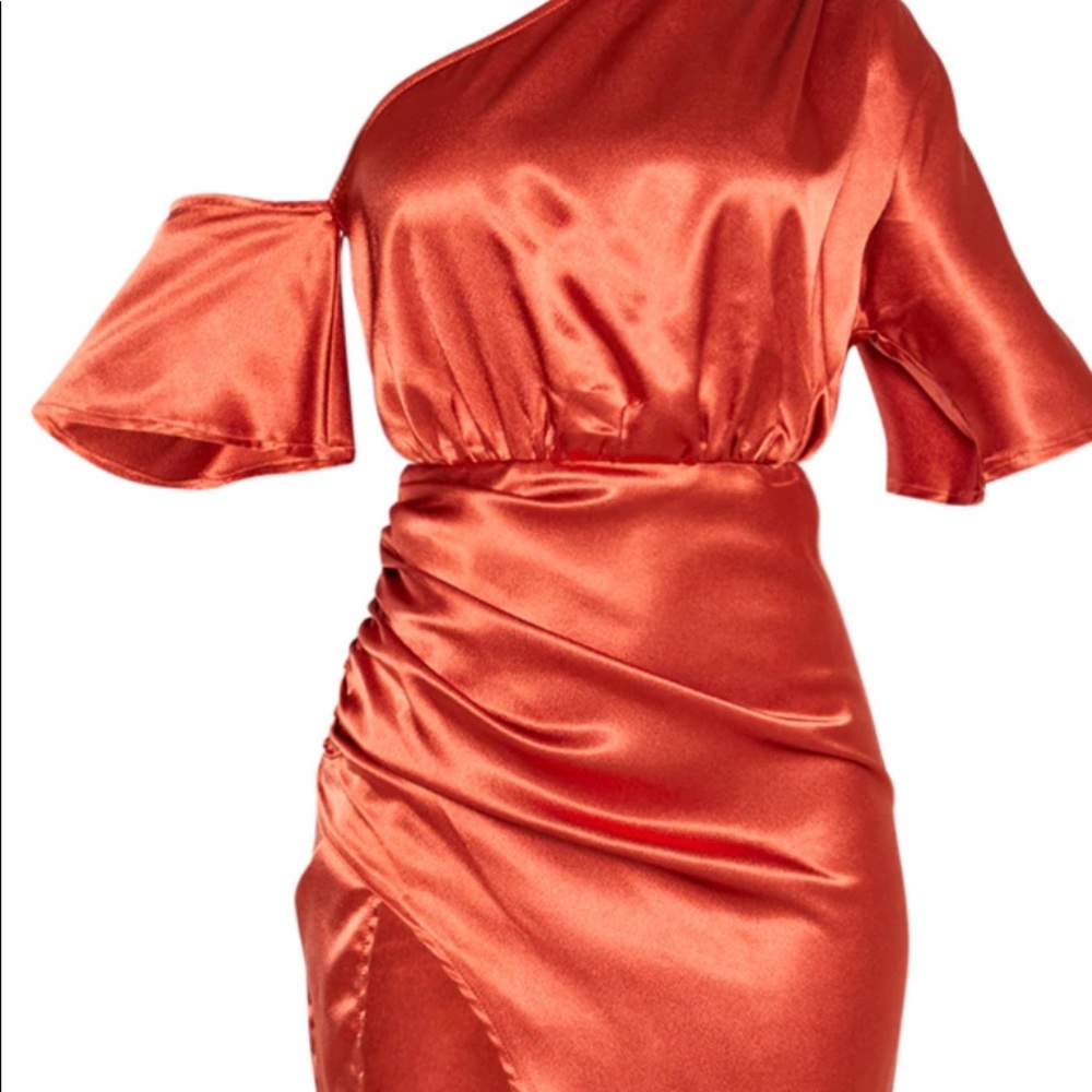 COPY - Rust Satin One Shoulder Ruched Skirt Midi Dress